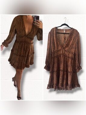 Boutique Leopard Frill Trim Plunge Flounce Sleeve Open Back Dress, XL